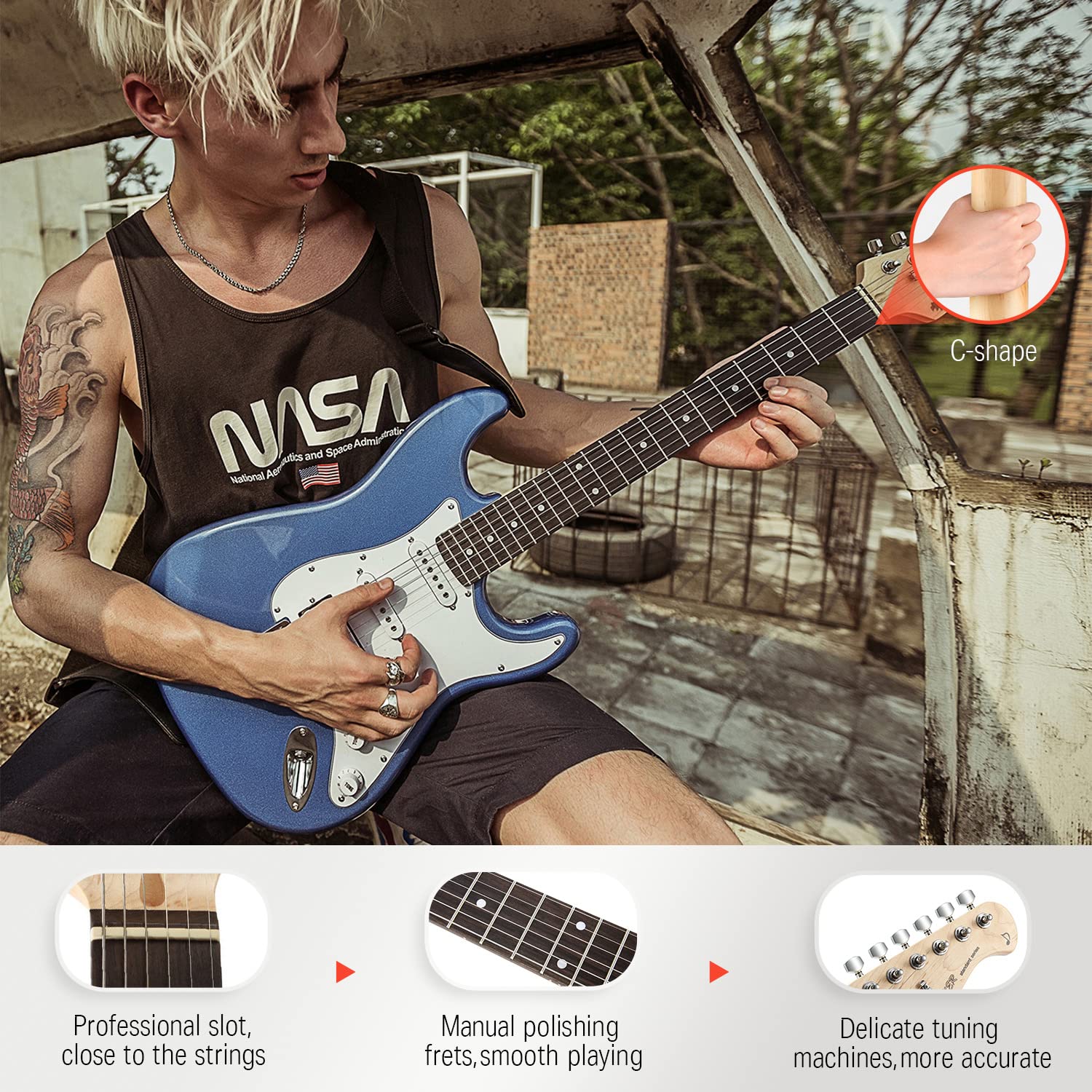 Donner DST-100T 39 Inch Electric Guitar Beginner Kit Solid Body Full Size Lake Blue HSS Pick Up for Starter, with Amplifier, Bag